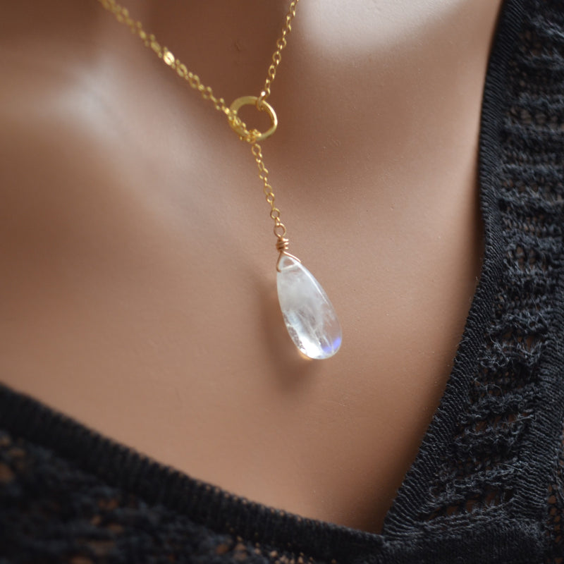 Moonstone Pear Lariat Necklace in Gold