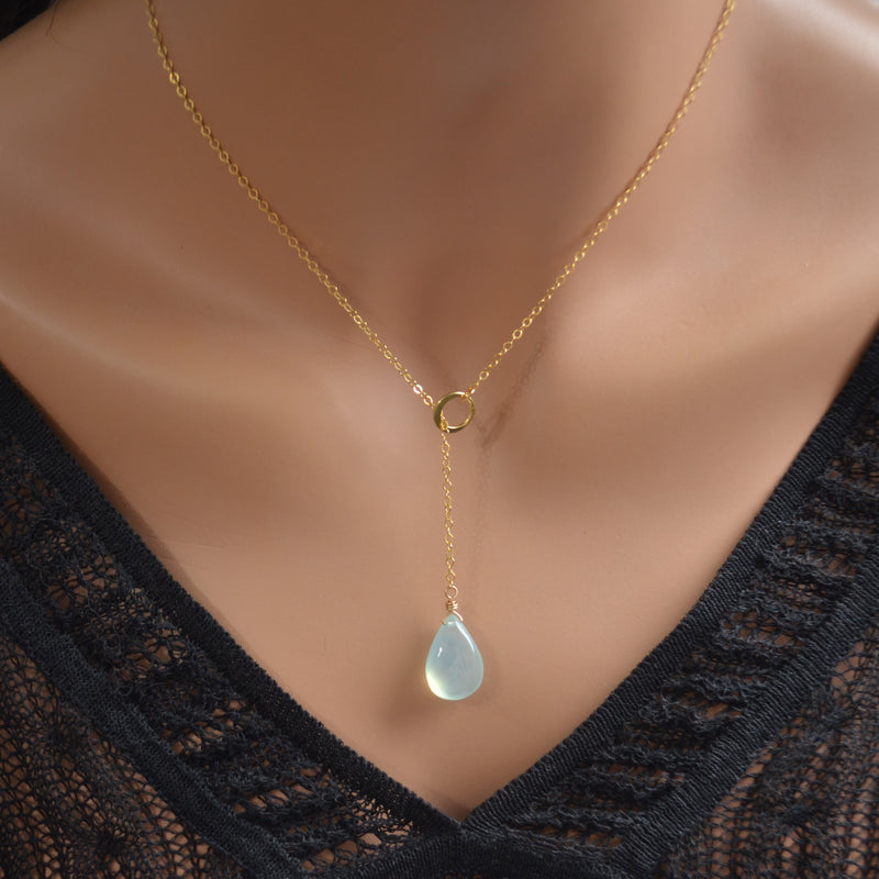 Aqua Chalcedony Pear Lariat Necklace in Gold