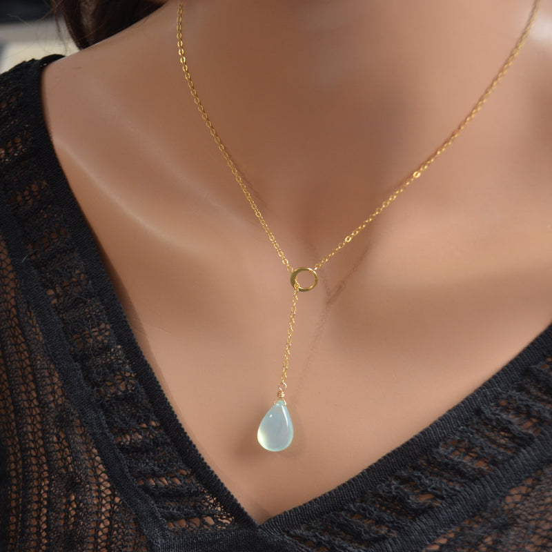 Aqua Chalcedony Pear Lariat Necklace in Gold