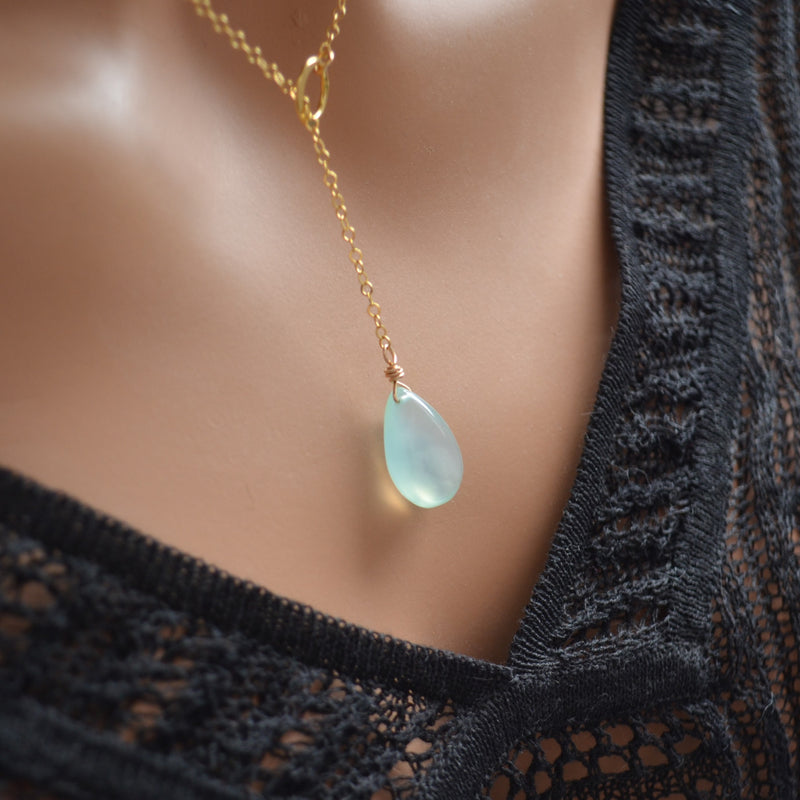 Aqua Chalcedony Pear Lariat Necklace in Gold