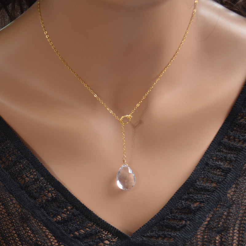 Pink Amethyst Pear Lariat Necklace in Gold