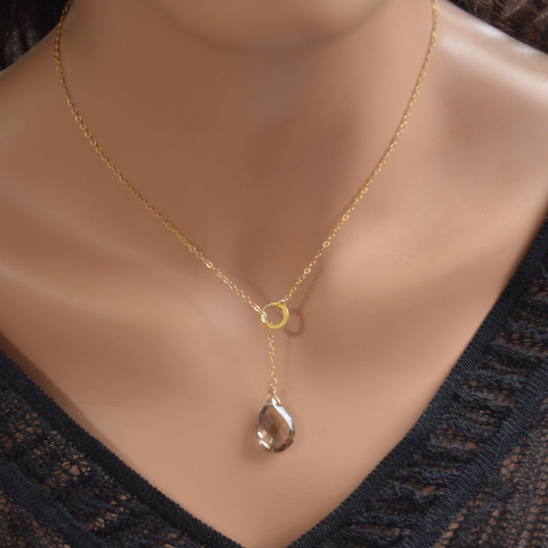 Smoky Quartz Pear Lariat Necklace in Gold