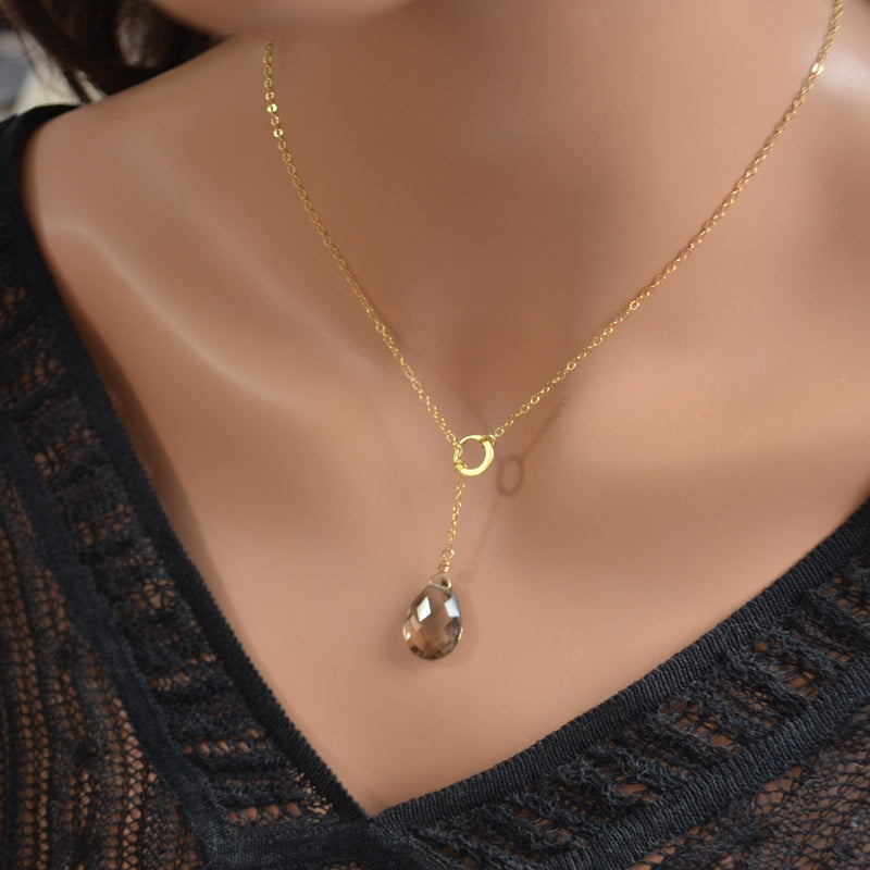 Smoky Quartz Pear Lariat Necklace in Gold