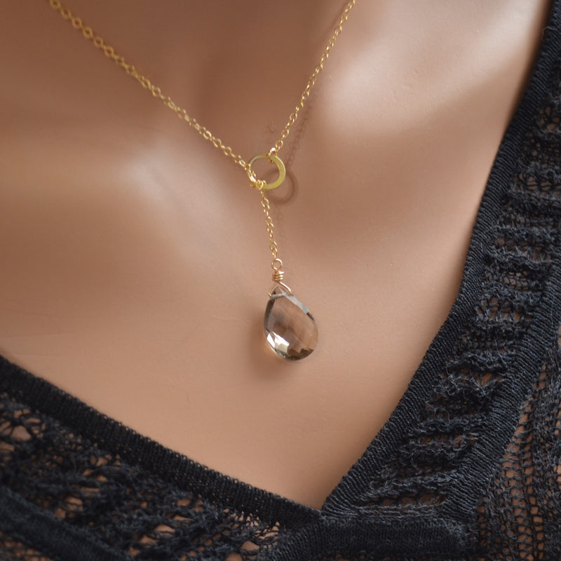 Smoky Quartz Pear Lariat Necklace in Gold