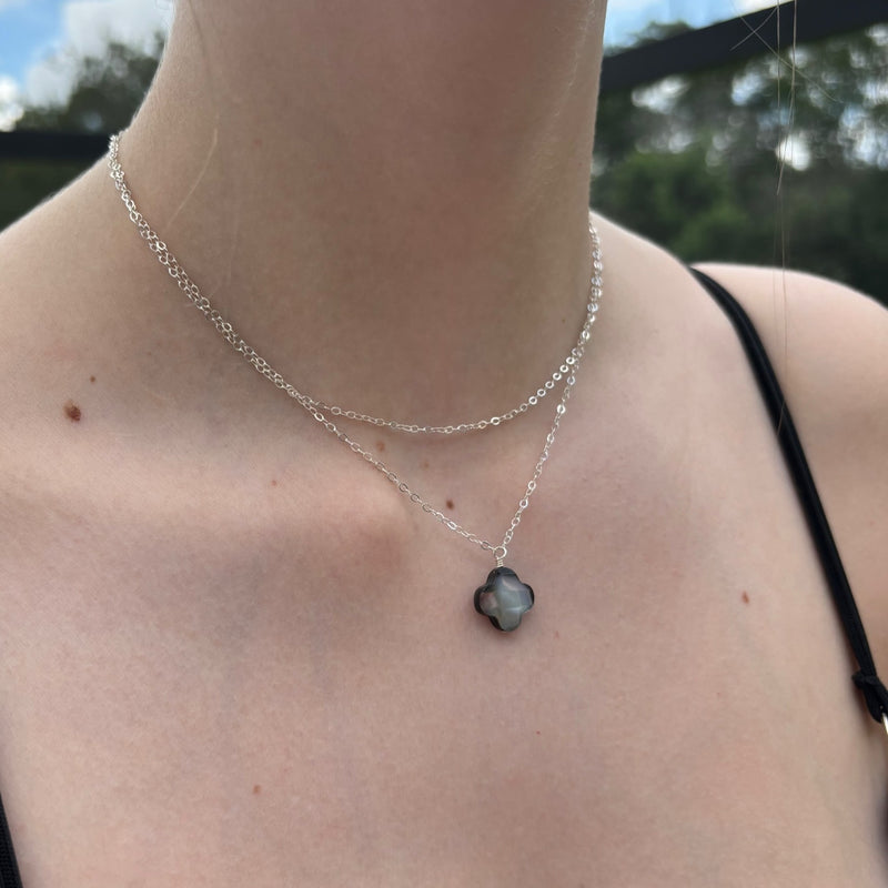 Black Mother of Pearl Necklace with Double Silver Chains