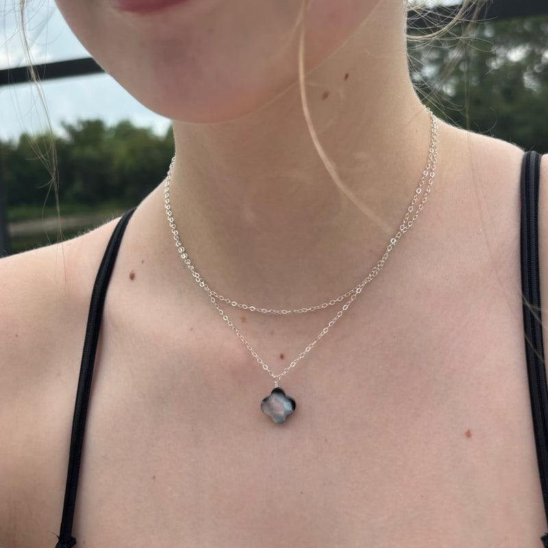 Black Mother of Pearl Necklace with Double Silver Chains
