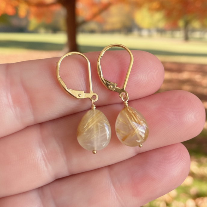Golden Rutilated Quartz Earrings in Gold