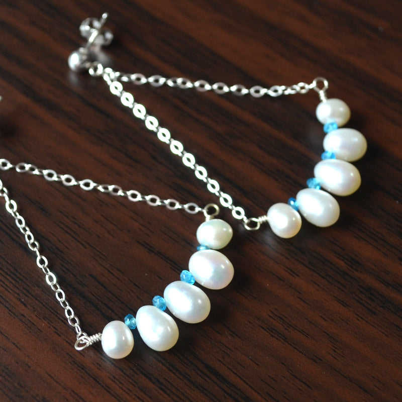 White Pearl Dangle Earrings in Sterling Silver with Apatite