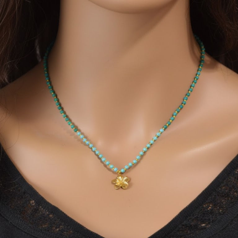 Turquoise Hand Knotted Necklace with Gold Flower Charm