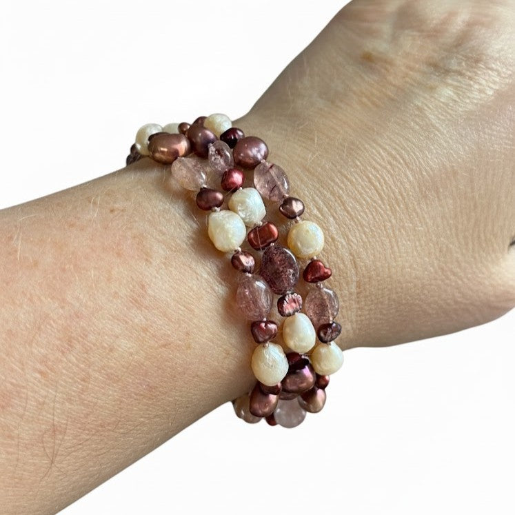 Pearl Wrap Bracelet or Necklace with Strawberry Quartz