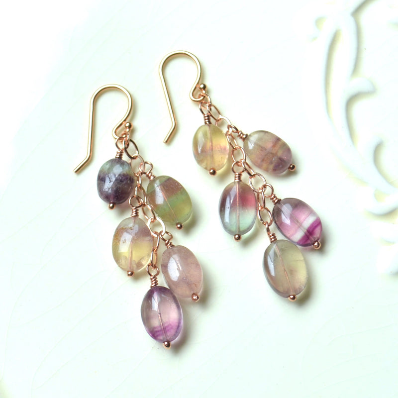 Real Fluorite Gemstone Earrings in Rose Gold