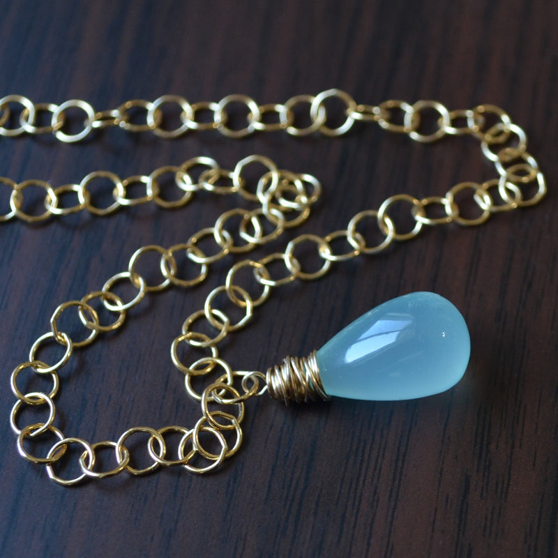 Aqua Chalcedony Drop Necklace with Gold Circle Chain