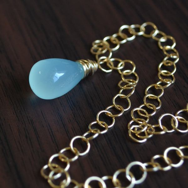 Aqua Chalcedony Drop Necklace with Gold Circle Chain