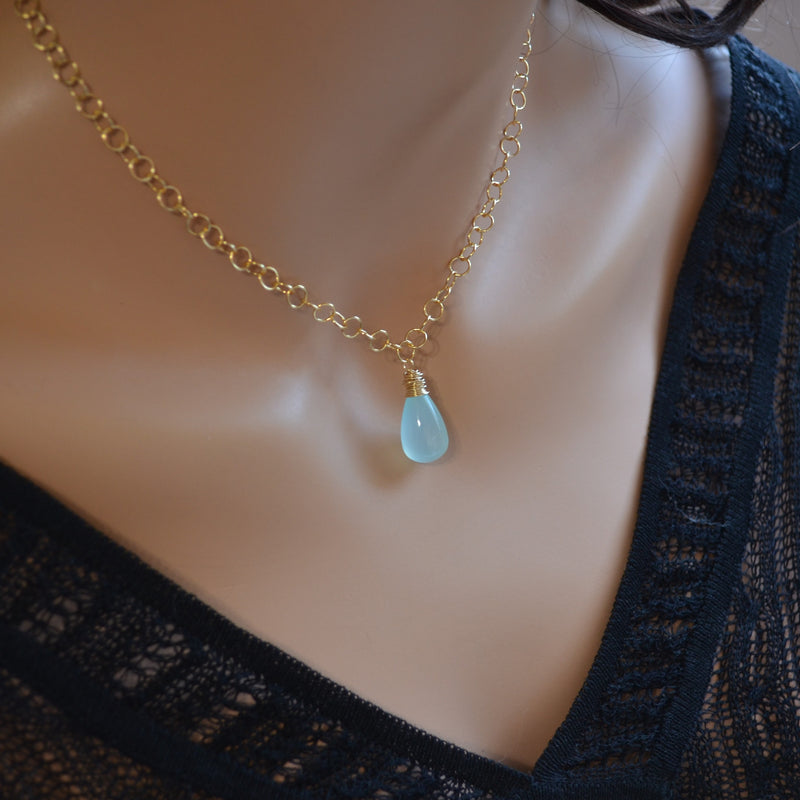 Aqua Chalcedony Drop Necklace with Gold Circle Chain