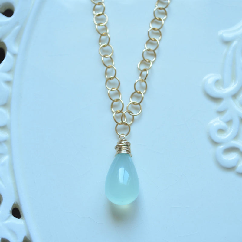 Aqua Chalcedony Drop Necklace with Gold Circle Chain