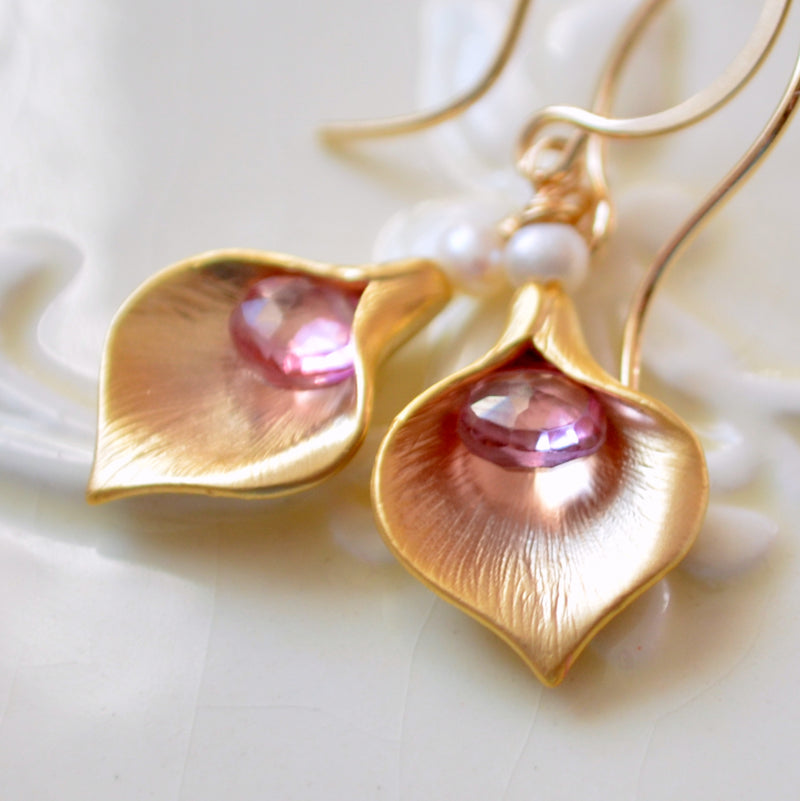 Gold Calla Lily Earrings with Beer Quartz Gemstones