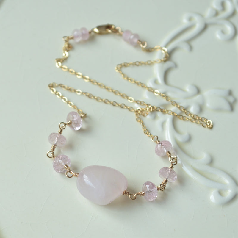 Rose Quartz and Morganite Candy Necklace in Gold