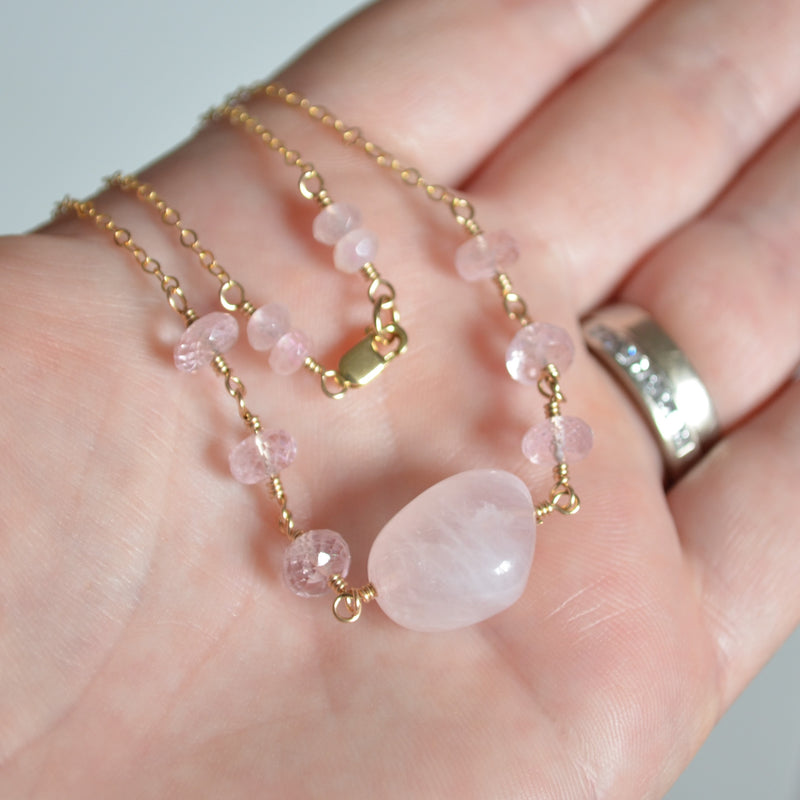 Rose Quartz and Morganite Candy Necklace in Gold