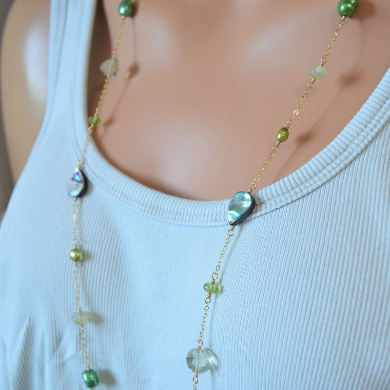 Long Green Necklace in Gold