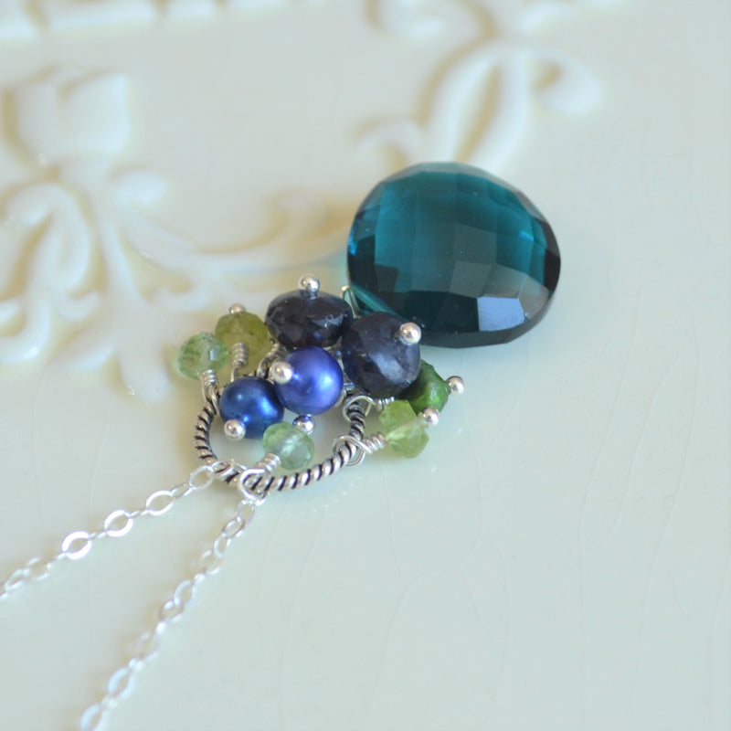 Teal Quartz Necklace with Peridot Pearl and Kyanite Cluster