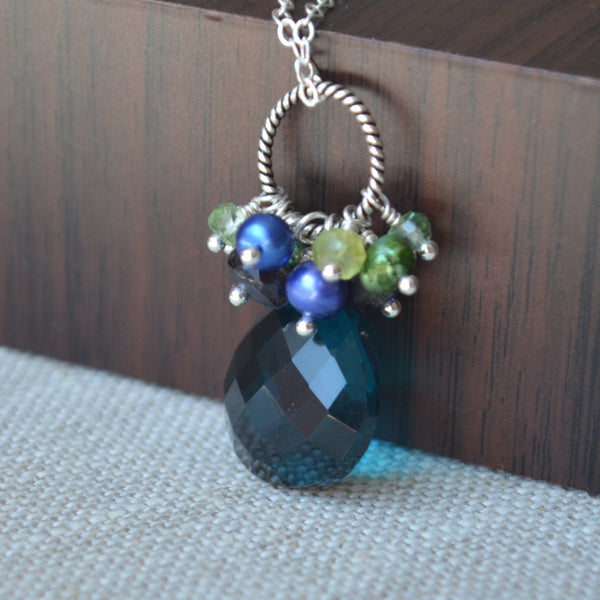 Teal Quartz Necklace with Peridot Pearl and Kyanite Cluster