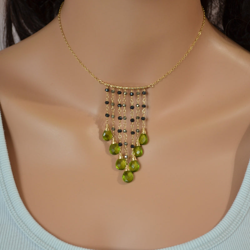 Olive Green Quartz Fringe Necklace in Gold
