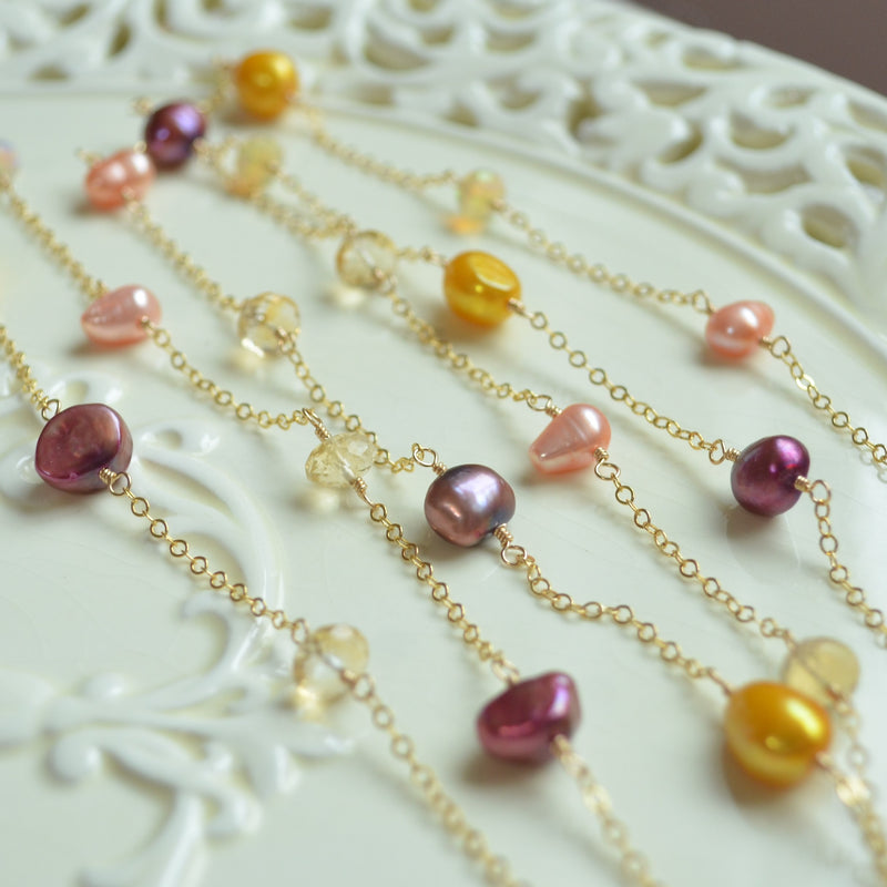 Long Wrap Necklace with Opal Citrine and Pearls