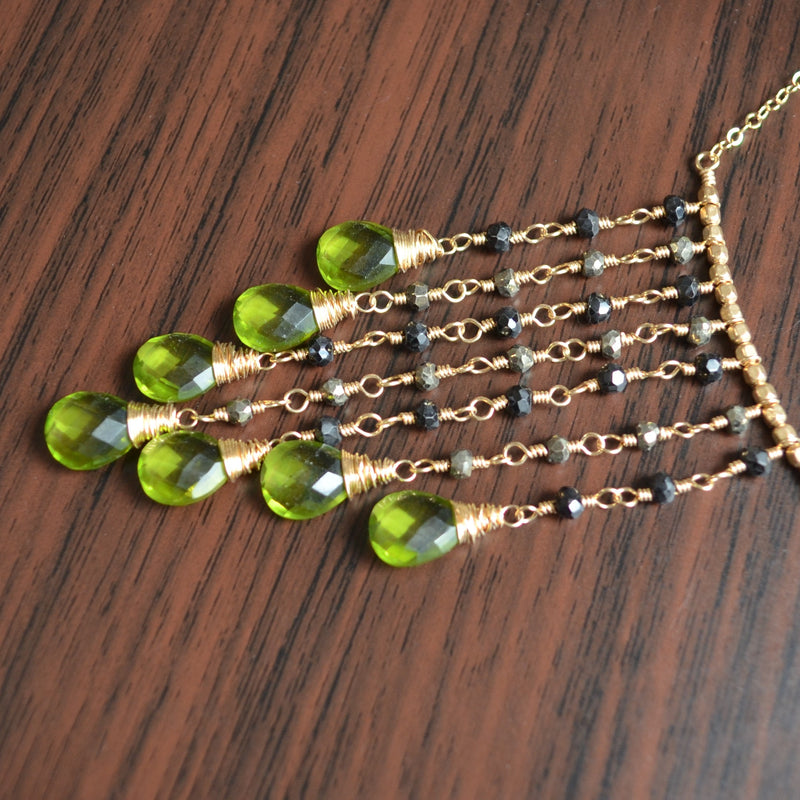 Olive Green Quartz Fringe Necklace in Gold