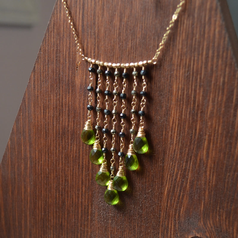 Olive Green Quartz Fringe Necklace in Gold