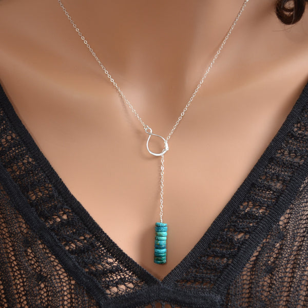 Silver Lariat Necklace with Chrysocolla Gemstones