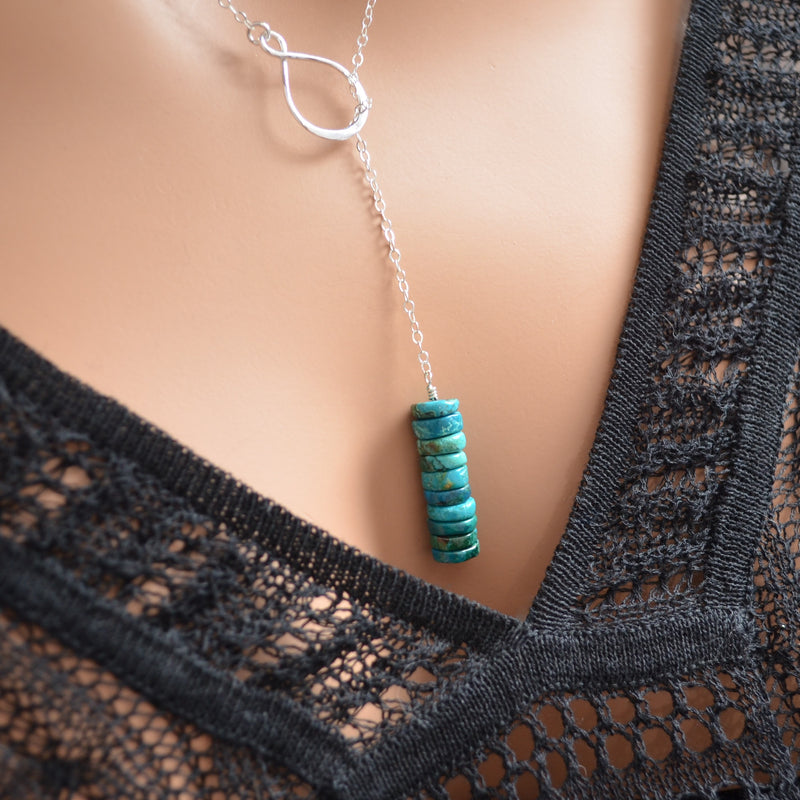Silver Lariat Necklace with Chrysocolla Gemstones