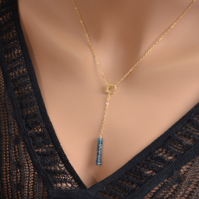 Gold Lariat Necklace with Moss Kyanite