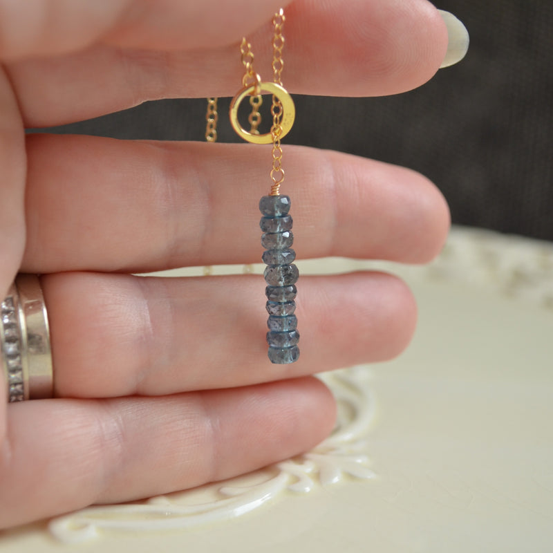 Gold Lariat Necklace with Moss Kyanite