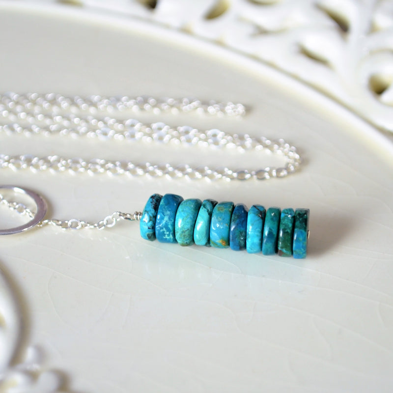 Silver Lariat Necklace with Chrysocolla Gemstones
