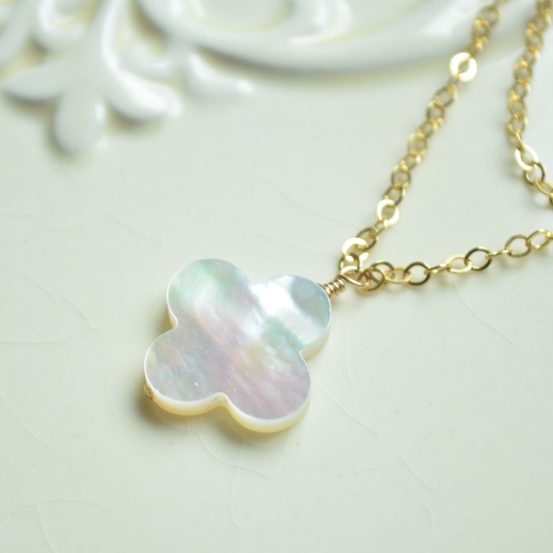 Mother of Pearl Pendant Necklace with Double Gold Chains