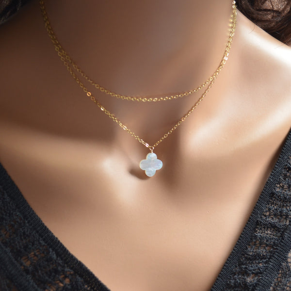 Mother of Pearl Pendant Necklace with Double Gold Chains