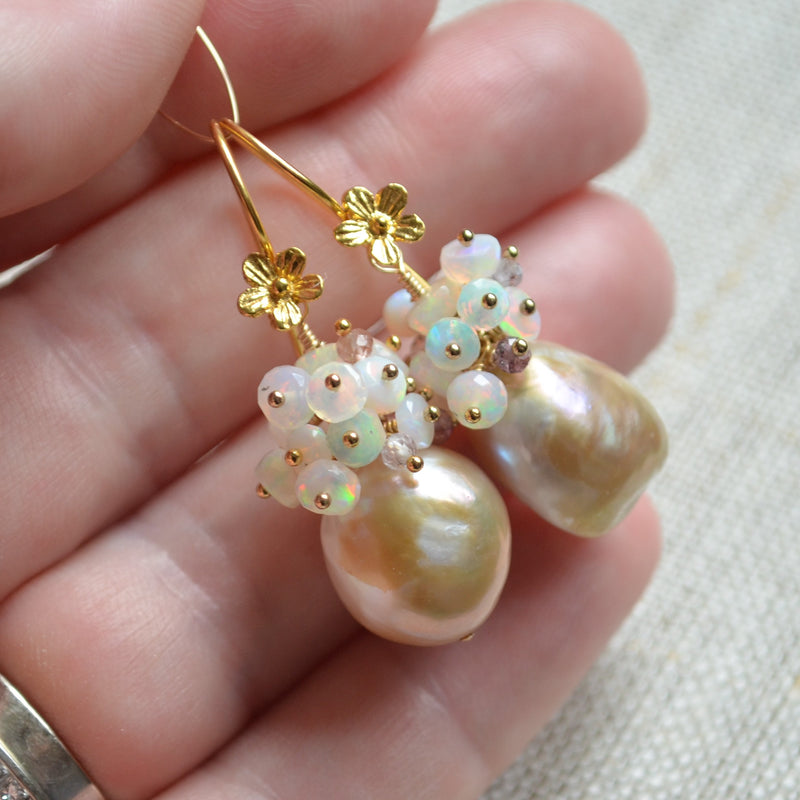 Opal Cluster Earrings with Large Freshwater Pearls