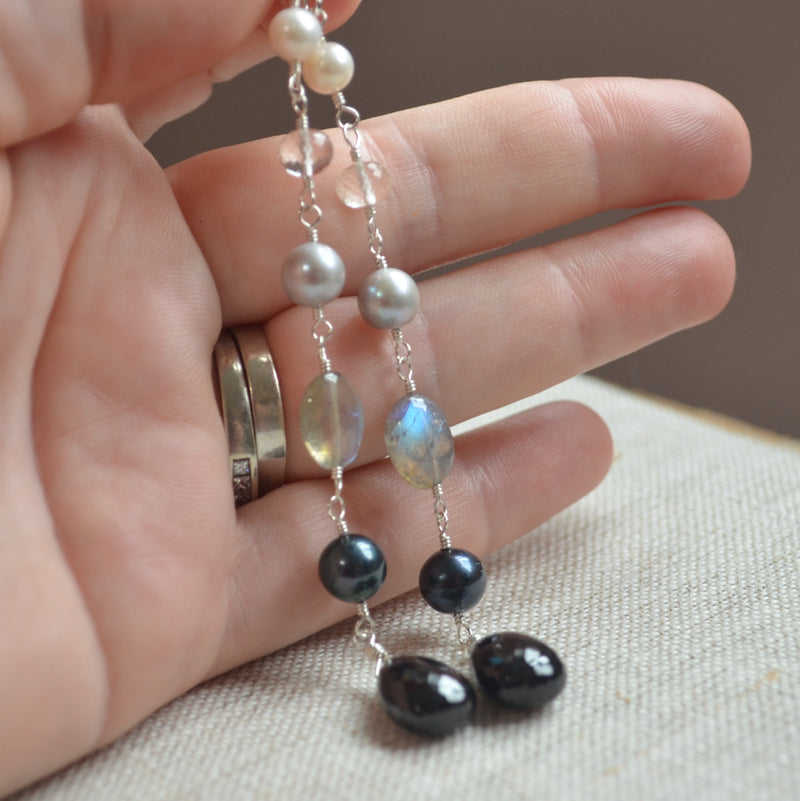 Long Gemstone Earrings with Black Spinel and Pearls