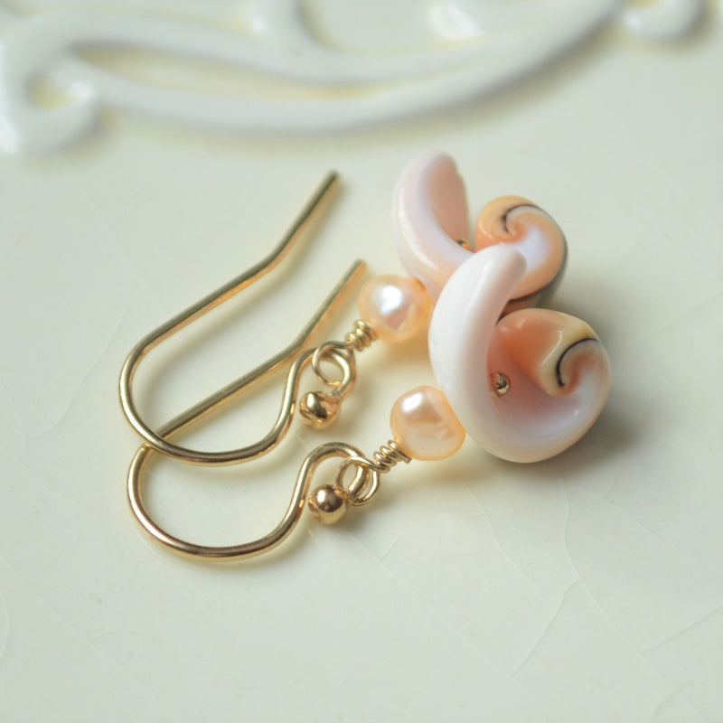 Peach Seashell Earrings with Freshwater Pearls