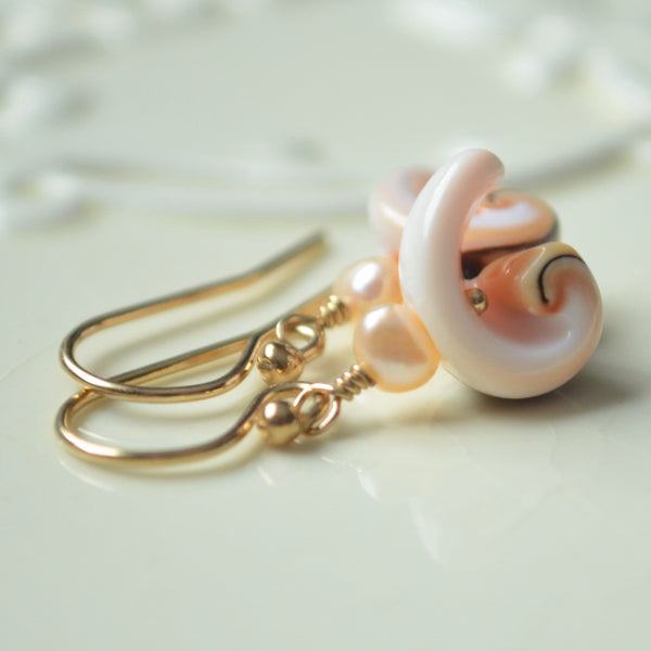 Peach Seashell Earrings with Freshwater Pearls