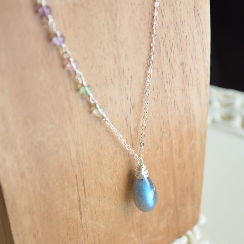 Labradorite Teardrop Necklace in Sterling Silver with Fluorite