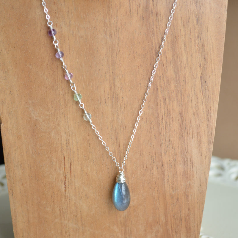 Labradorite Teardrop Necklace in Sterling Silver with Fluorite