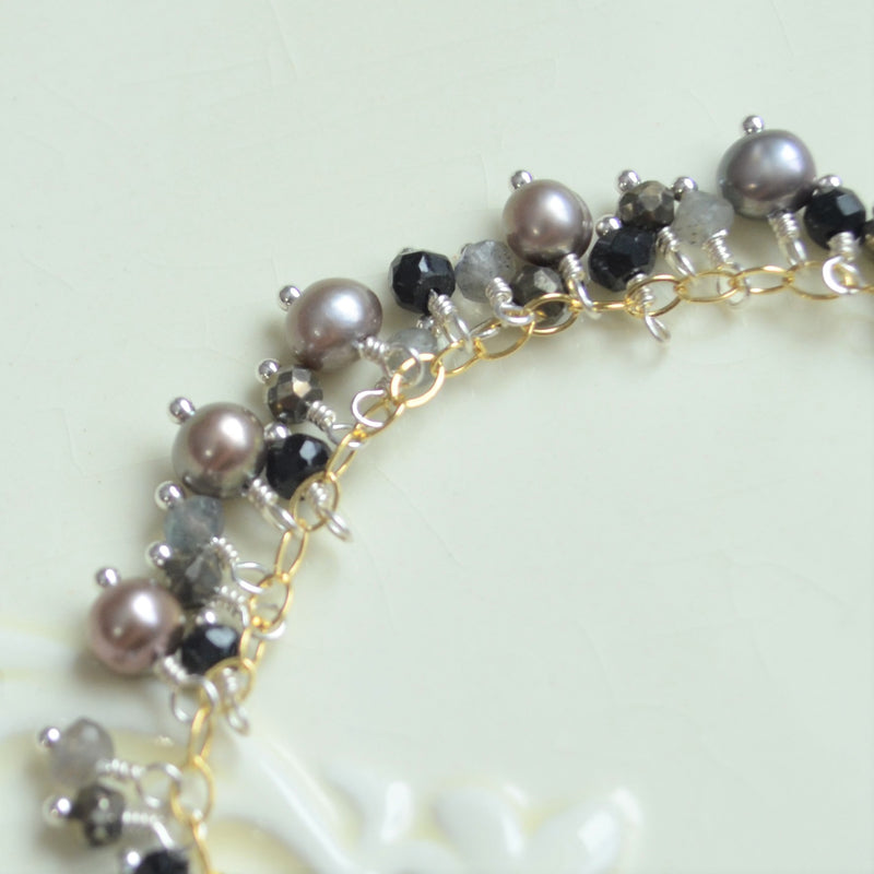 Pearl Cluster Bracelet with Labradorite Pyrite and Black Spinel