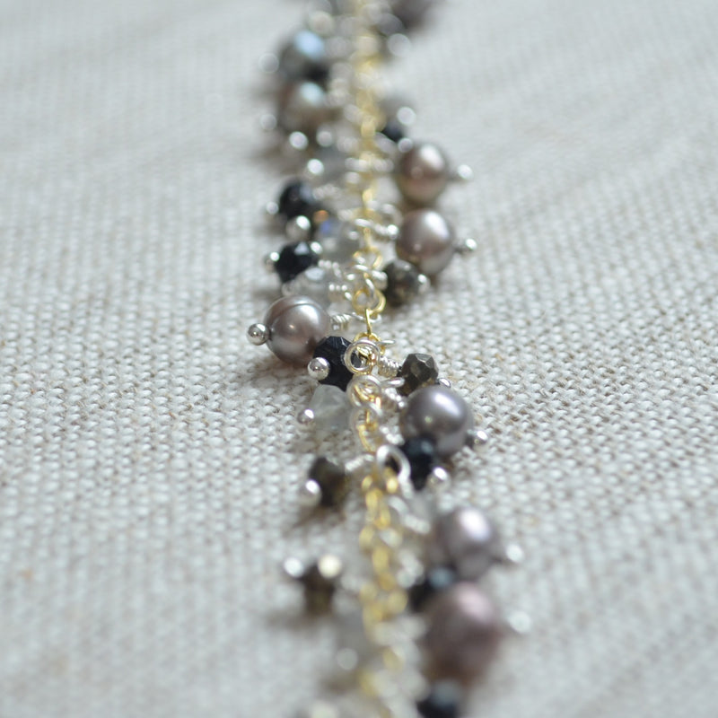 Pearl Cluster Bracelet with Labradorite Pyrite and Black Spinel