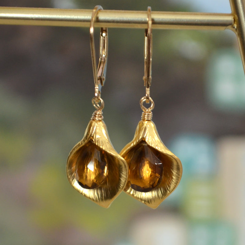 Gold Calla Lily Earrings with Beer Quartz Gemstones