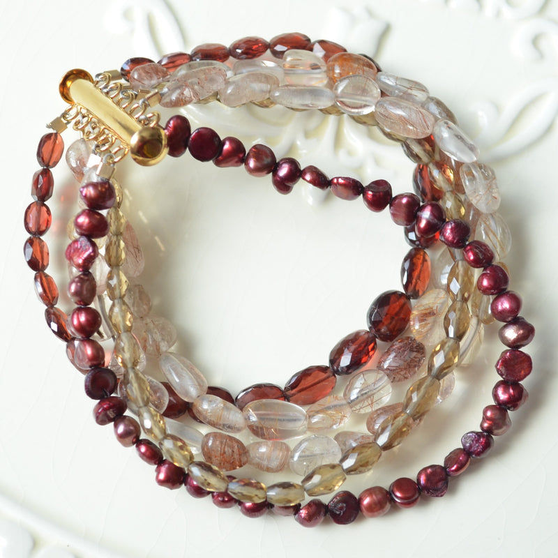Multistrand Beaded Bracelet with Garnet Beer Quartz and Freshwater Pearls