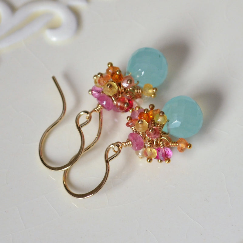 Aqua Chalcedony Earrings with Sapphires and Quartz