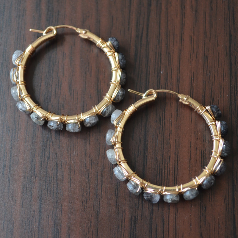 Black Rutilated Quartz Hoop Earrings in Gold