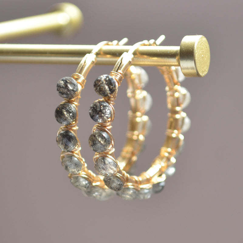 Black Rutilated Quartz Hoop Earrings in Gold
