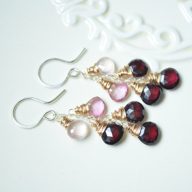 Real Garnet Earrings with Pink Topaz and Rose Quartz